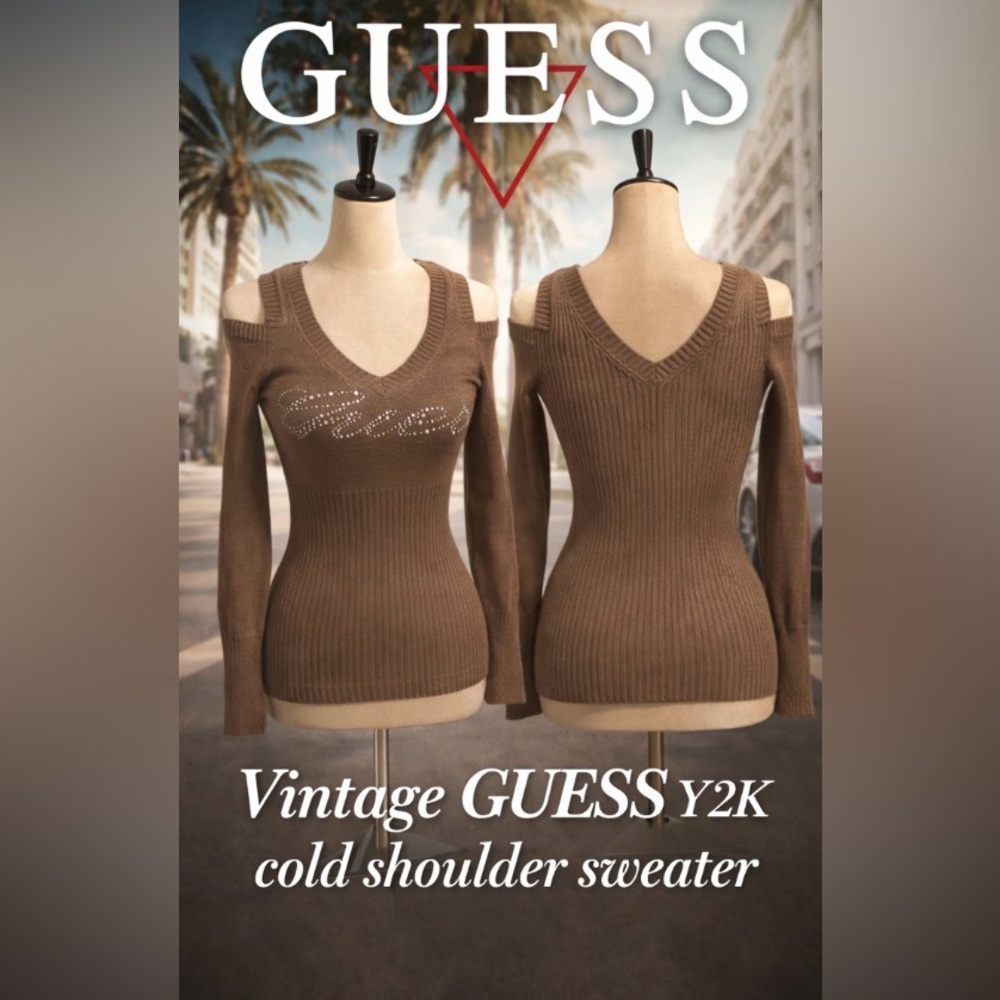 Guess Brown Off-the-Shoulder Sweater with Rhinestones - Picture 2 of 14